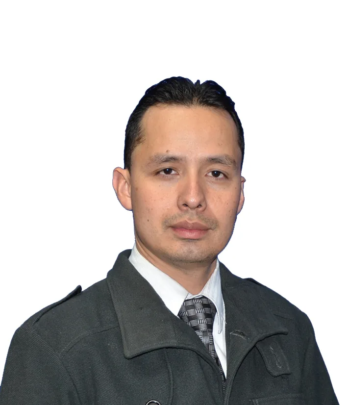 Portrait of Daniel Rios in a jacket and tie, from his original website
